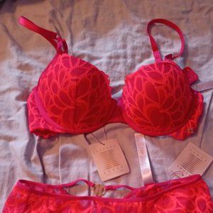 Fenty Savage X Not Sorry Lace Cheeky L & Pushup Bra 36D Goji Berry/Pink Smash